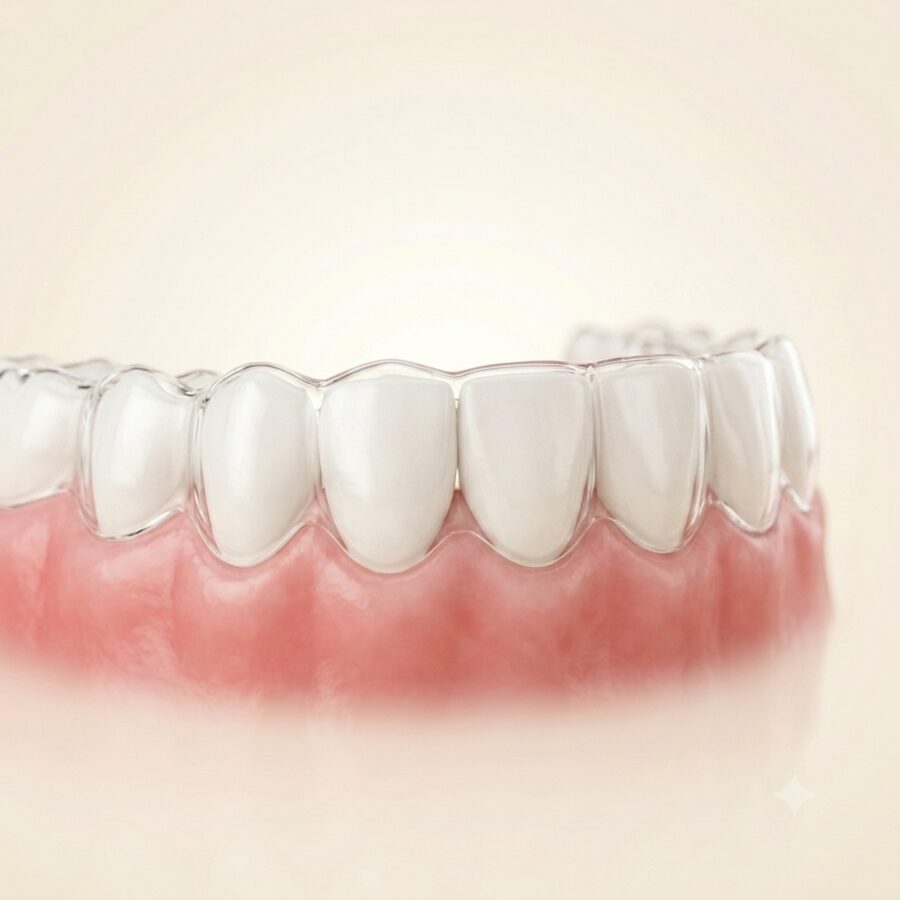 A clear aligner tray fitted over teeth
