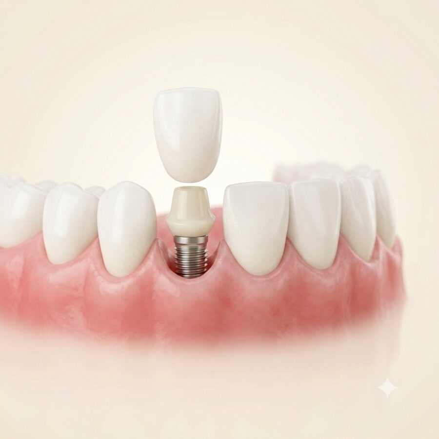 A dental implant: titanium root, connector and crown