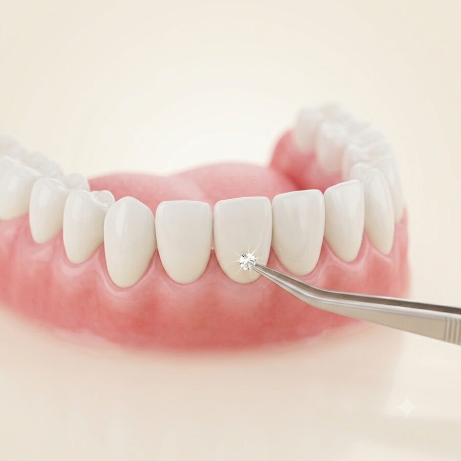 A small crystal being placed on a tooth