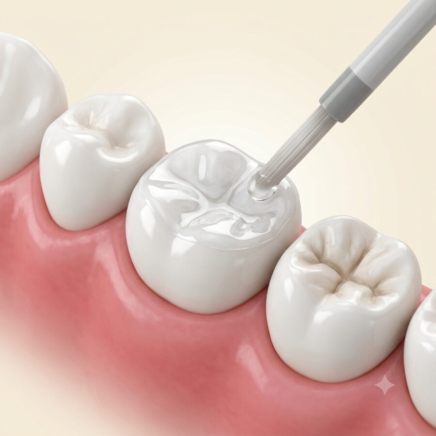 A protective sealant being applied to a child's tooth